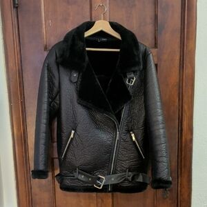 Black Faux Leather Jacket with Fur Collar